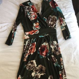 Green Floral Faux Wrap Dress